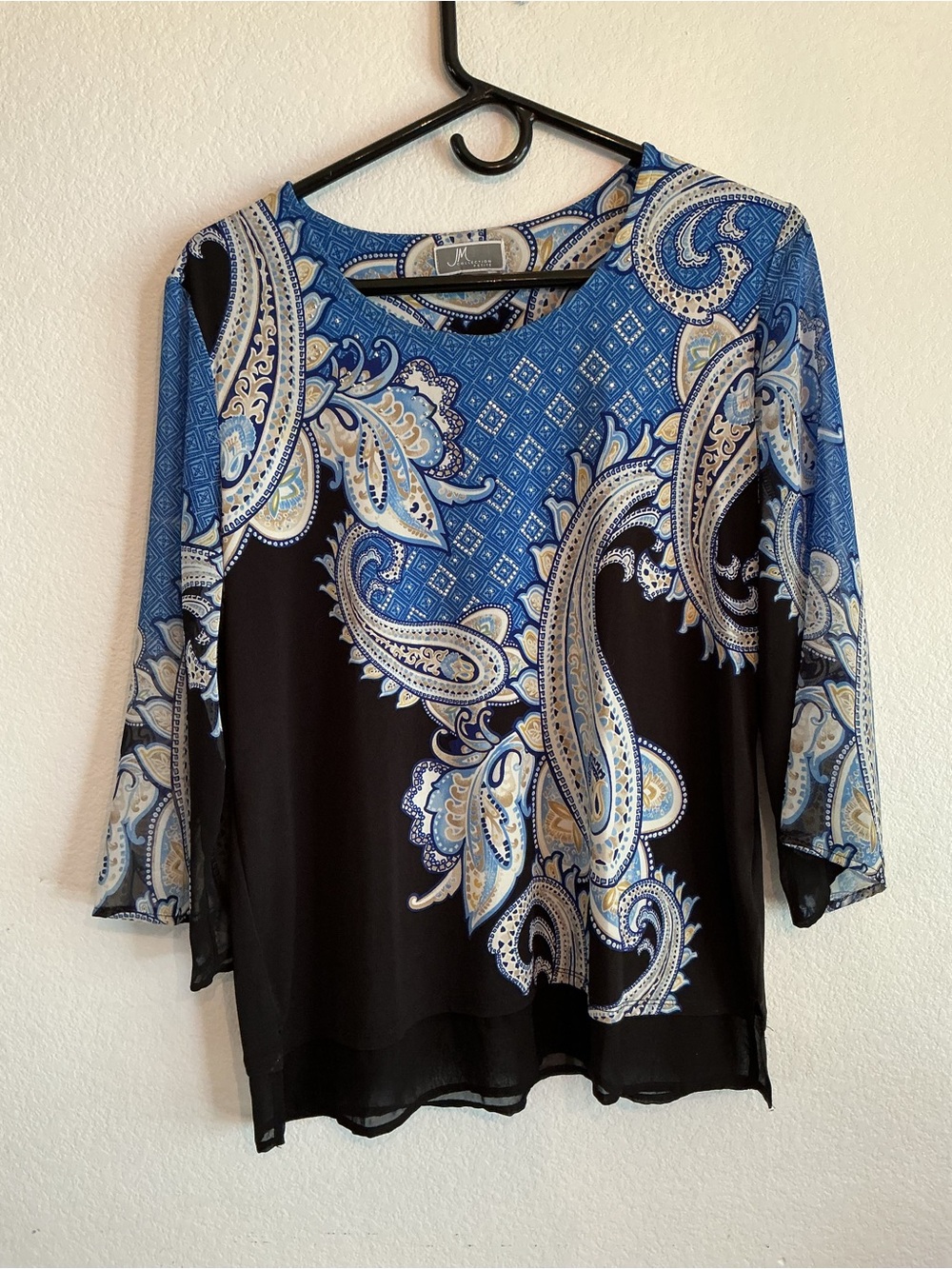 JM Collection Petite Blue Paisley Rhinestone Chiffon Sleeve Tunic Top Sz PL